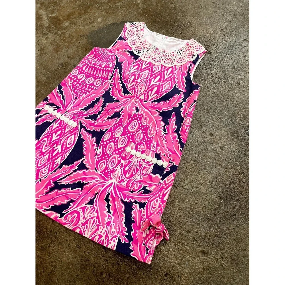 Lilly Pulitzer Shift Dress Girls 3 Multicolor‎ Pineapple Lace Collar Back Zip